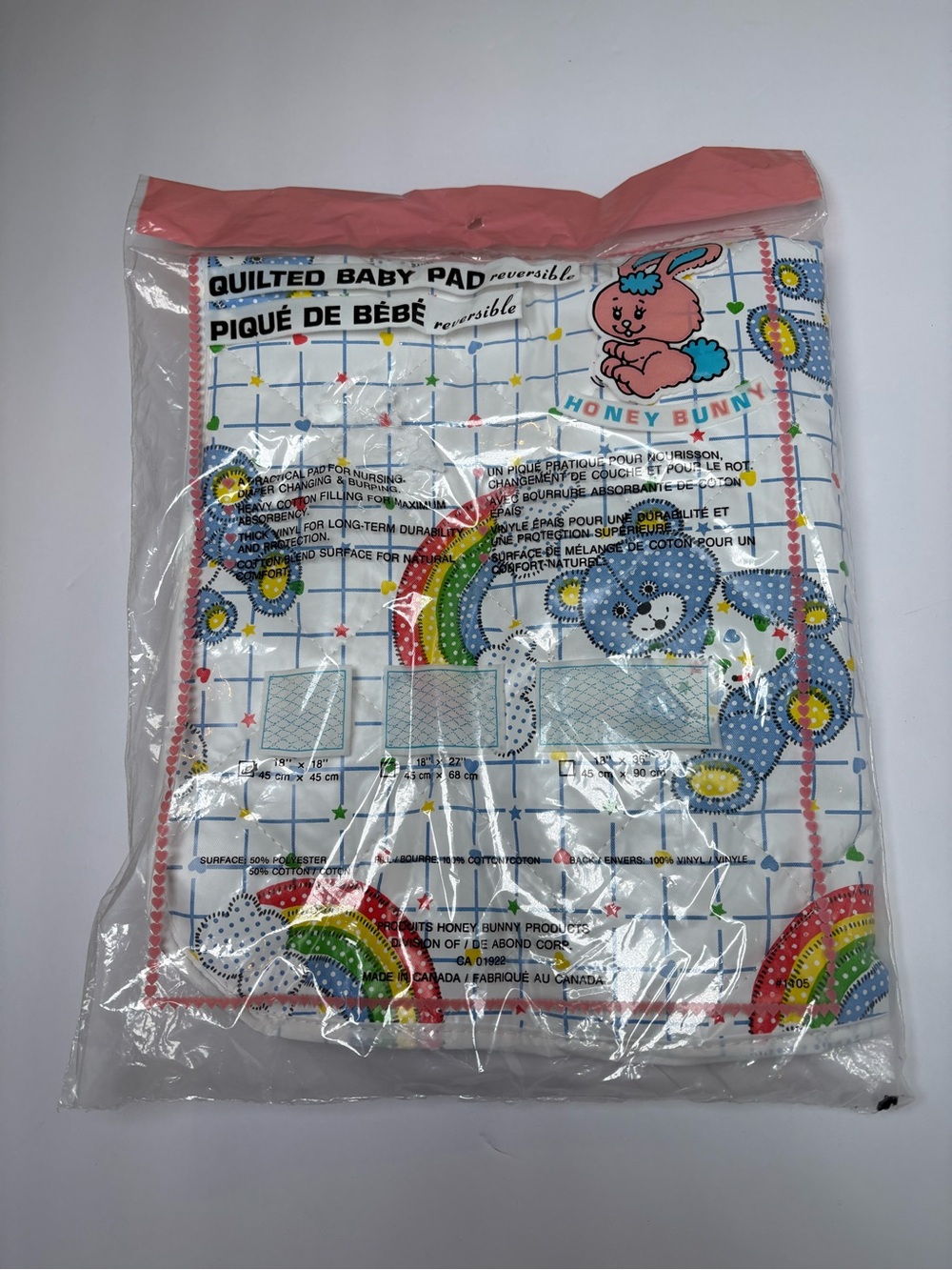 NEW Vintage Baby Animal Bear Rainbow Novelty Print Quilted Pad 18” x 18” Retro